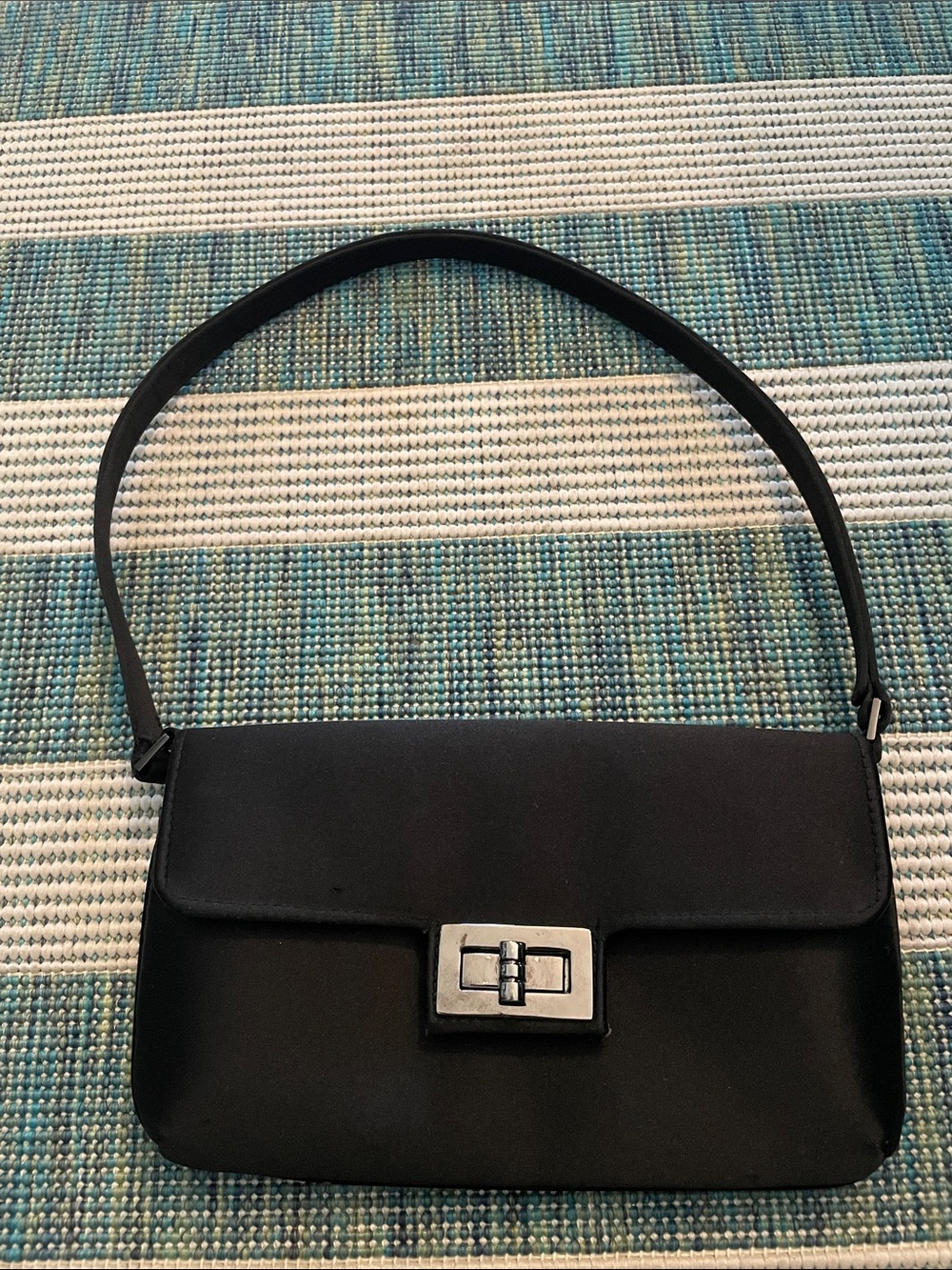 Classic Danier Black Satin Shoulder Bag with Turn-Lock Closure